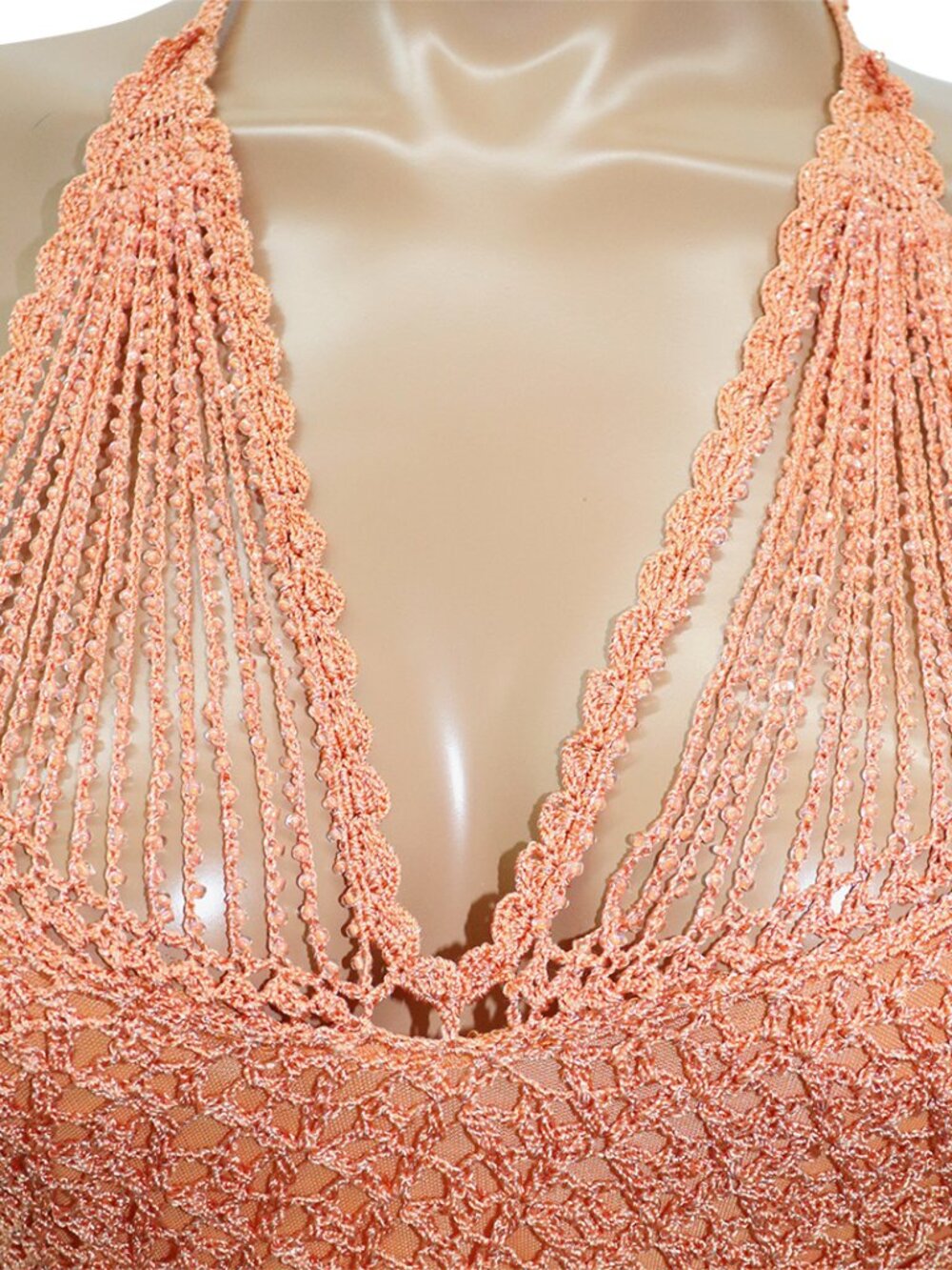 Y2K Peach Glass Beaded Crochet Halter Top M - Picture 4 of 6